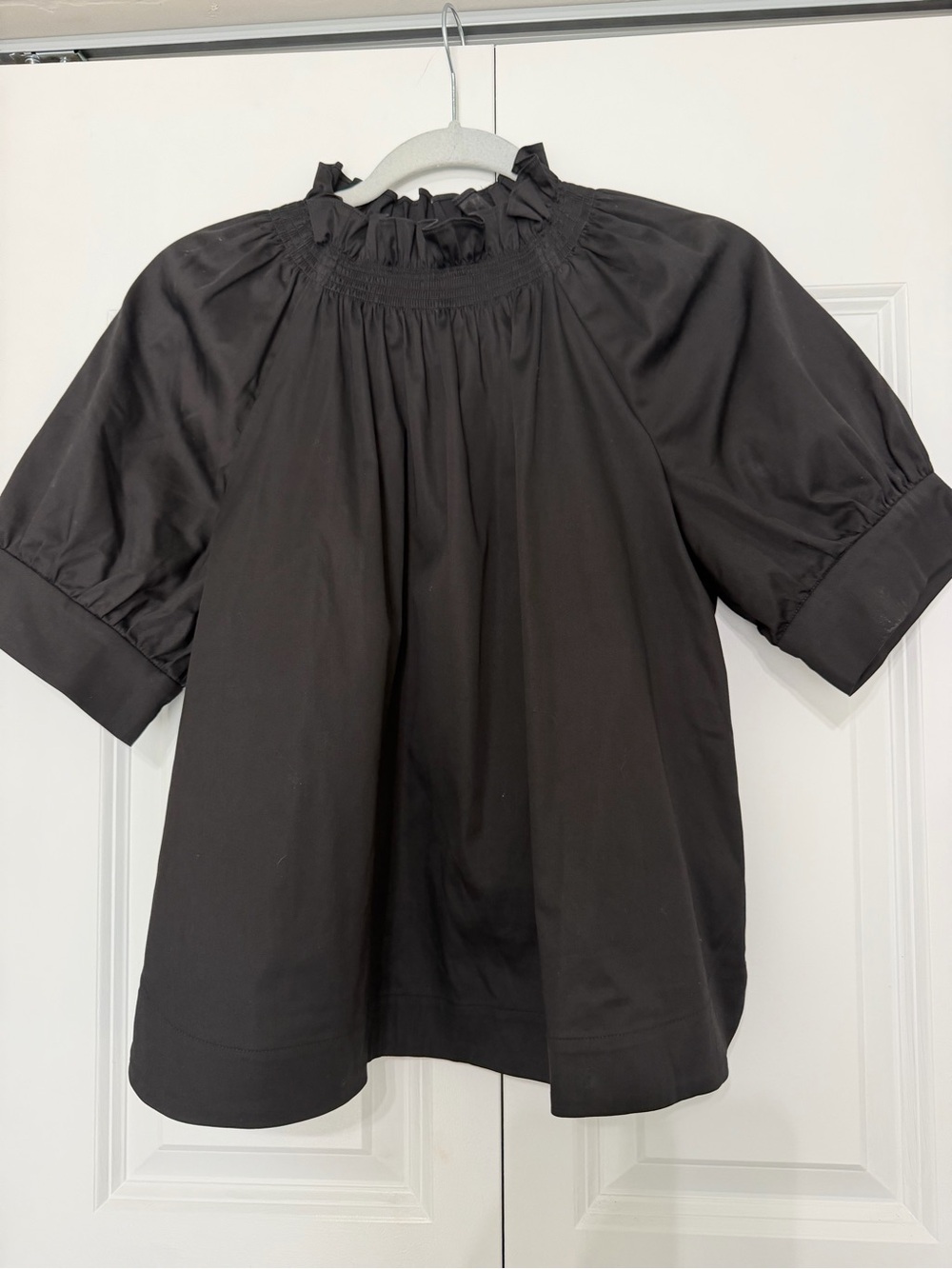 ANTONIO MELANI Black Ruffle Smocked Neck Short Sleeve Top